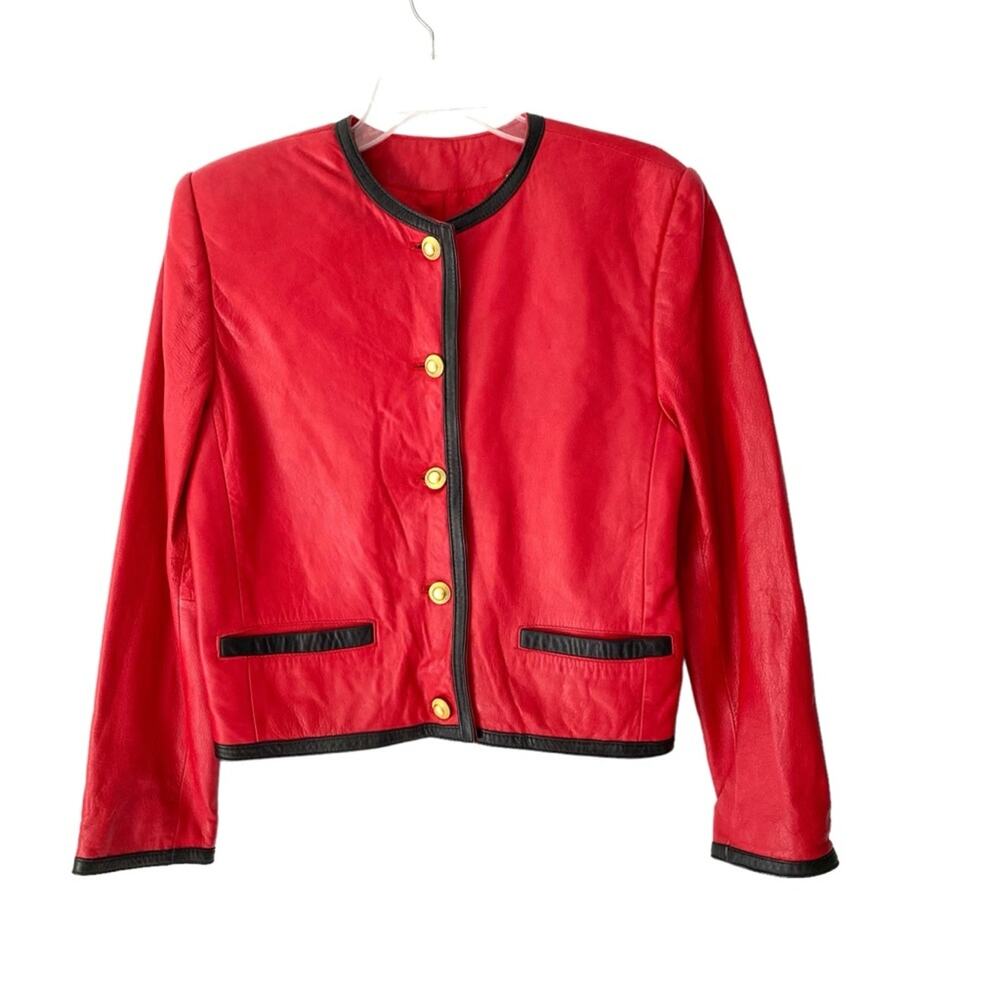 Vintage Evan Davies Red Leather Gold Buttons Jacket Coat Black Trim Chanel vibe
